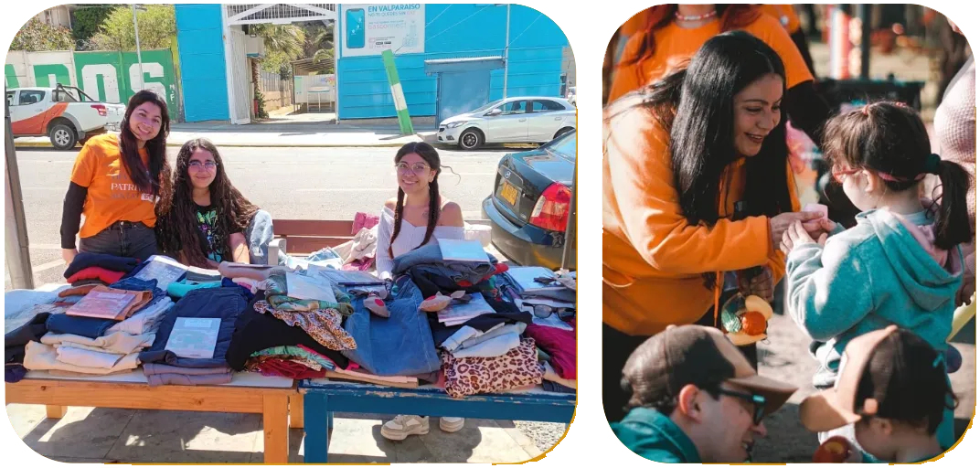 Voluntarias en una feria de ropa y en una actividad con niños