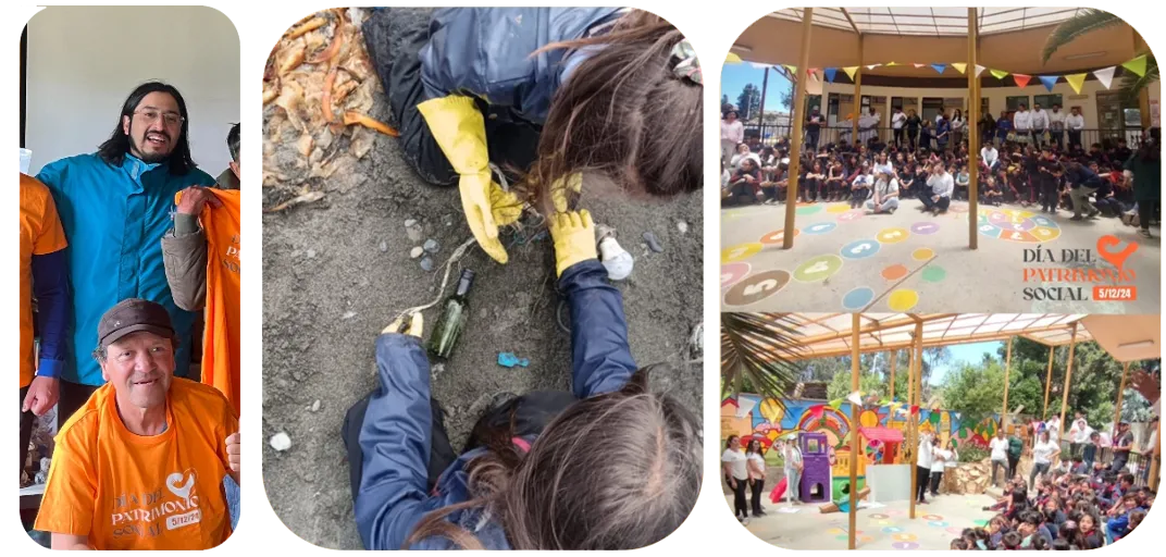 Voluntarios con poleras del Día del Patrimonio Social, una plantación y una actividad en un colegio