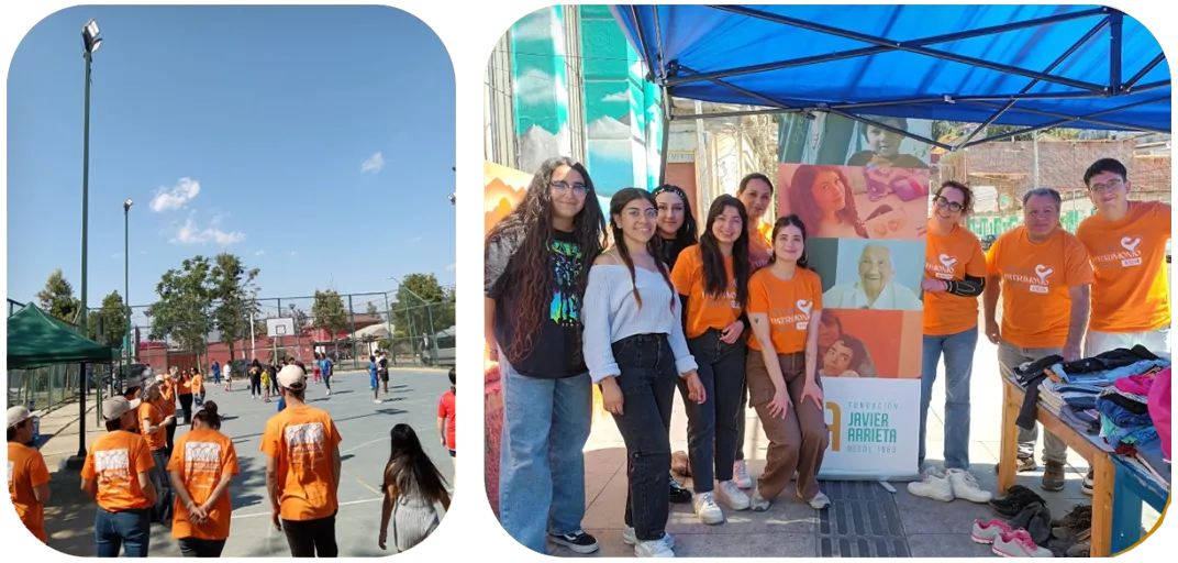 Voluntarios en una cancha y en una feria solidaria